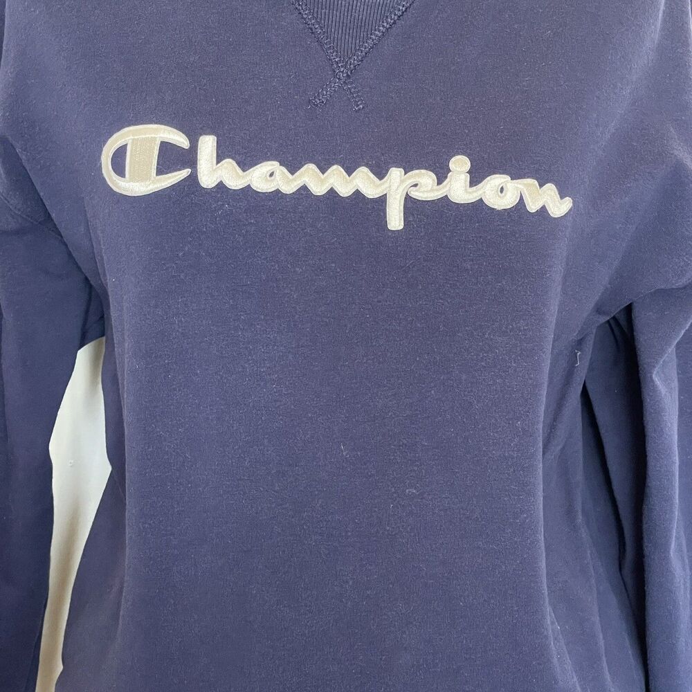 Champion Heritage Crewneck Sweatshirt Navy Blue Spellout Sleeve Stripe Sz Medium - Picture 6 of 13